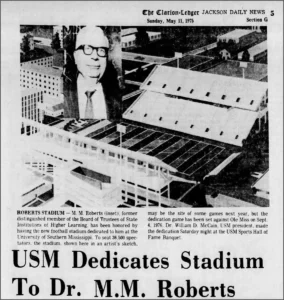 A newspaper clipping fro, 1975 with the headline 'USM Dedicates Stadium to Dr. M.M. Roberts'
